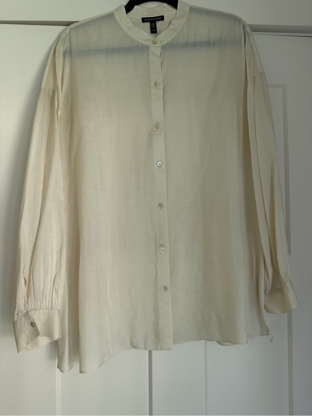Eileen Fisher Silk Collarless Button-Front Blouse in Cream